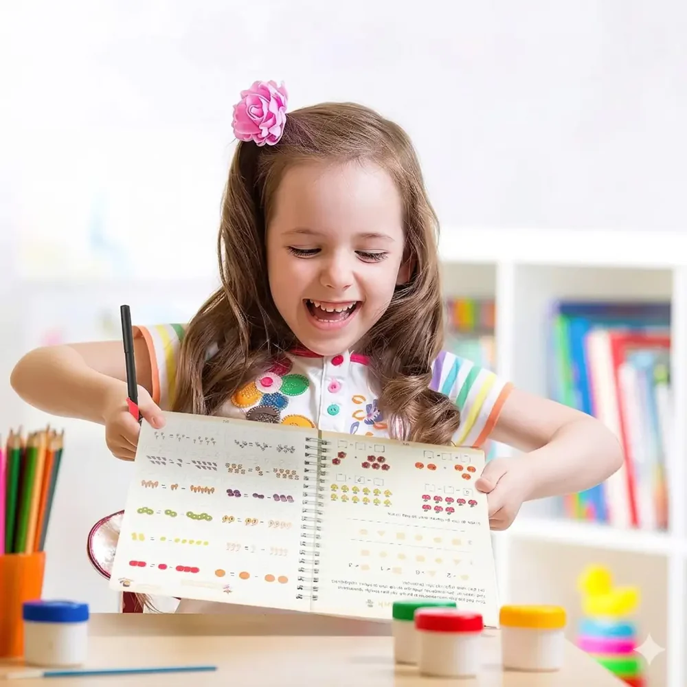 Criança sorrindo com o livro de caligrafia